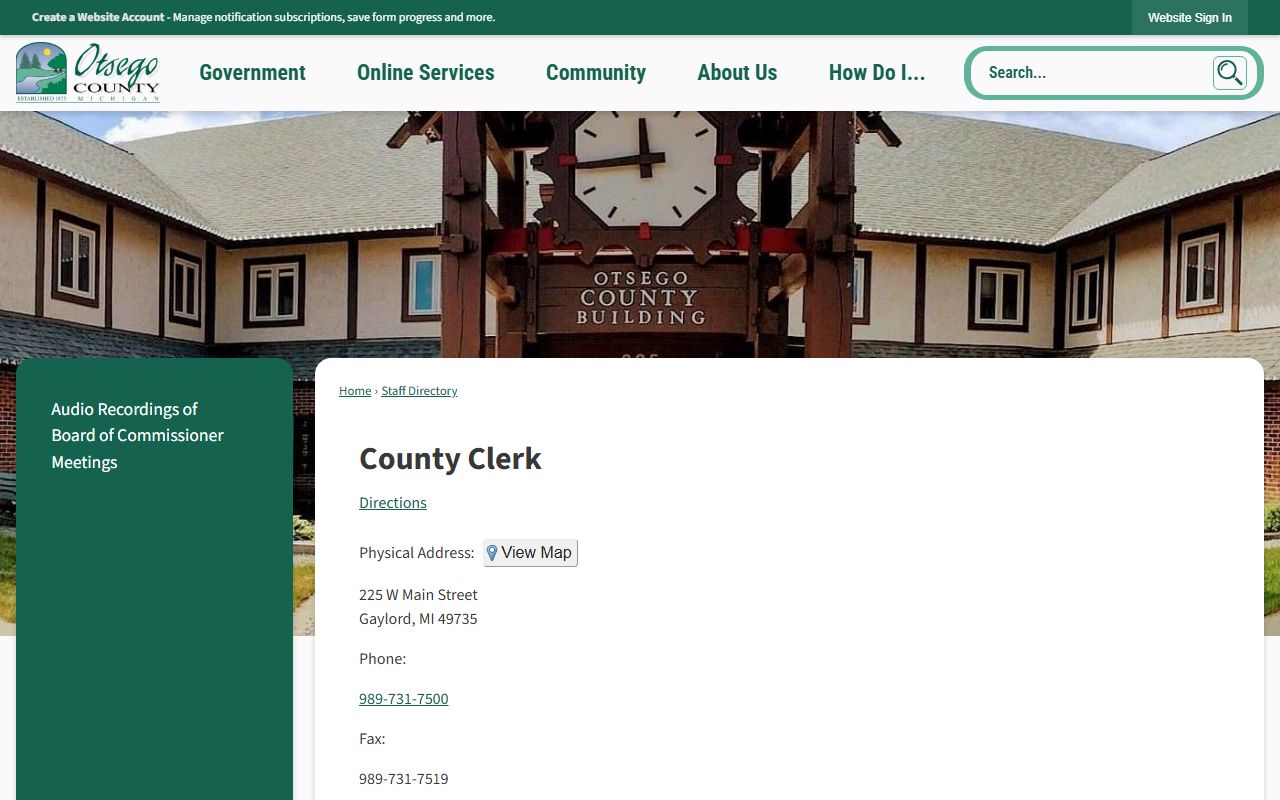 Otsego County Clerk records staff directory with address, phone, and hours