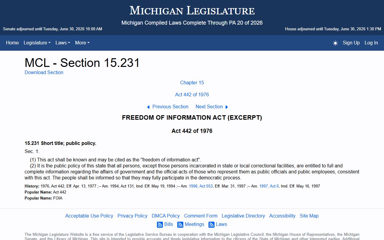 Otsego County Clerk records and the Michigan FOIA policy statute page