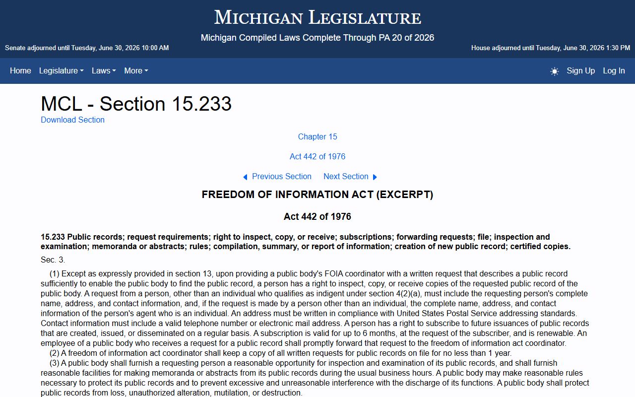 Otsego County Clerk records and the Michigan FOIA inspection and copy statute