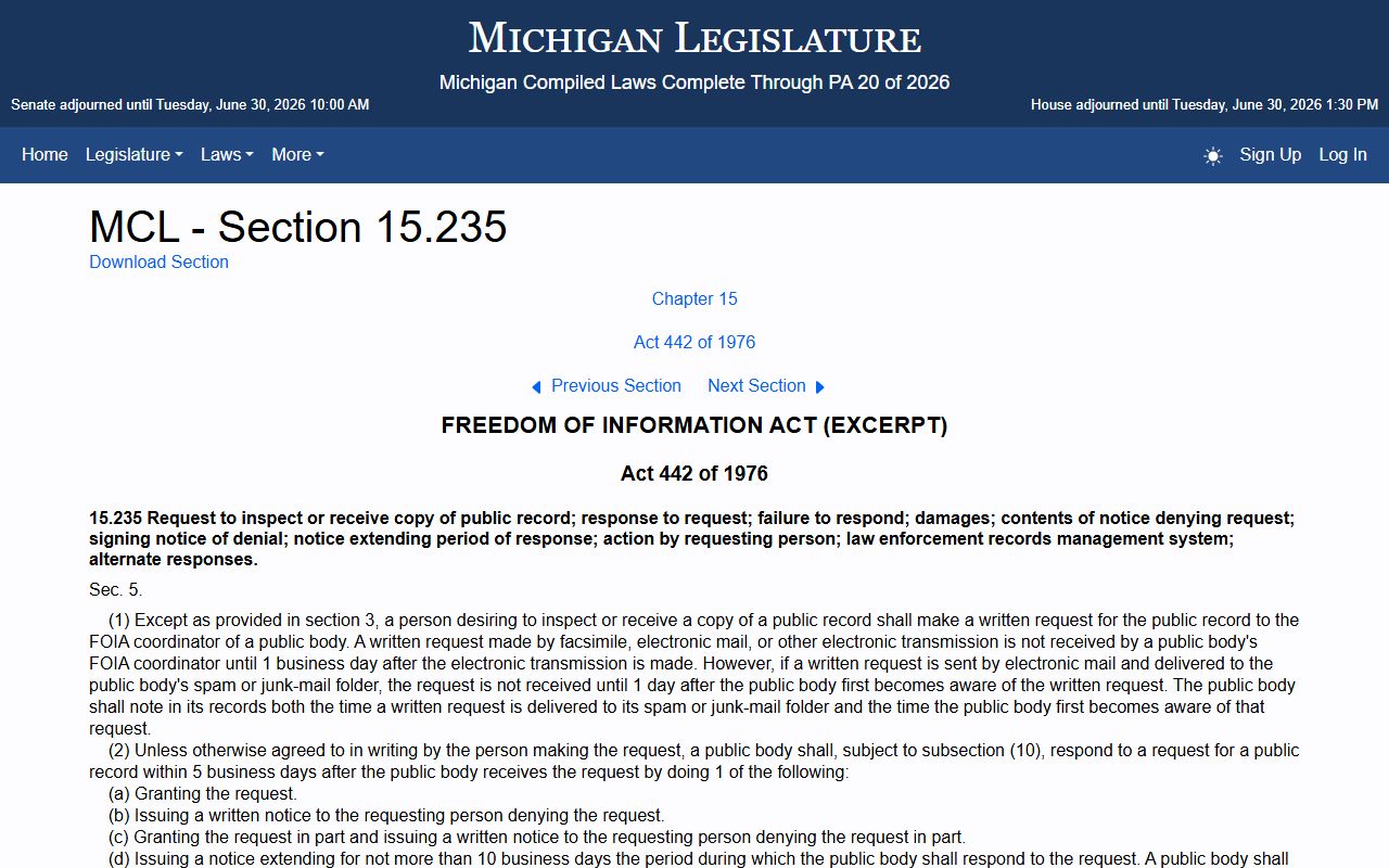 Otsego County Clerk records and the Michigan FOIA response deadline statute