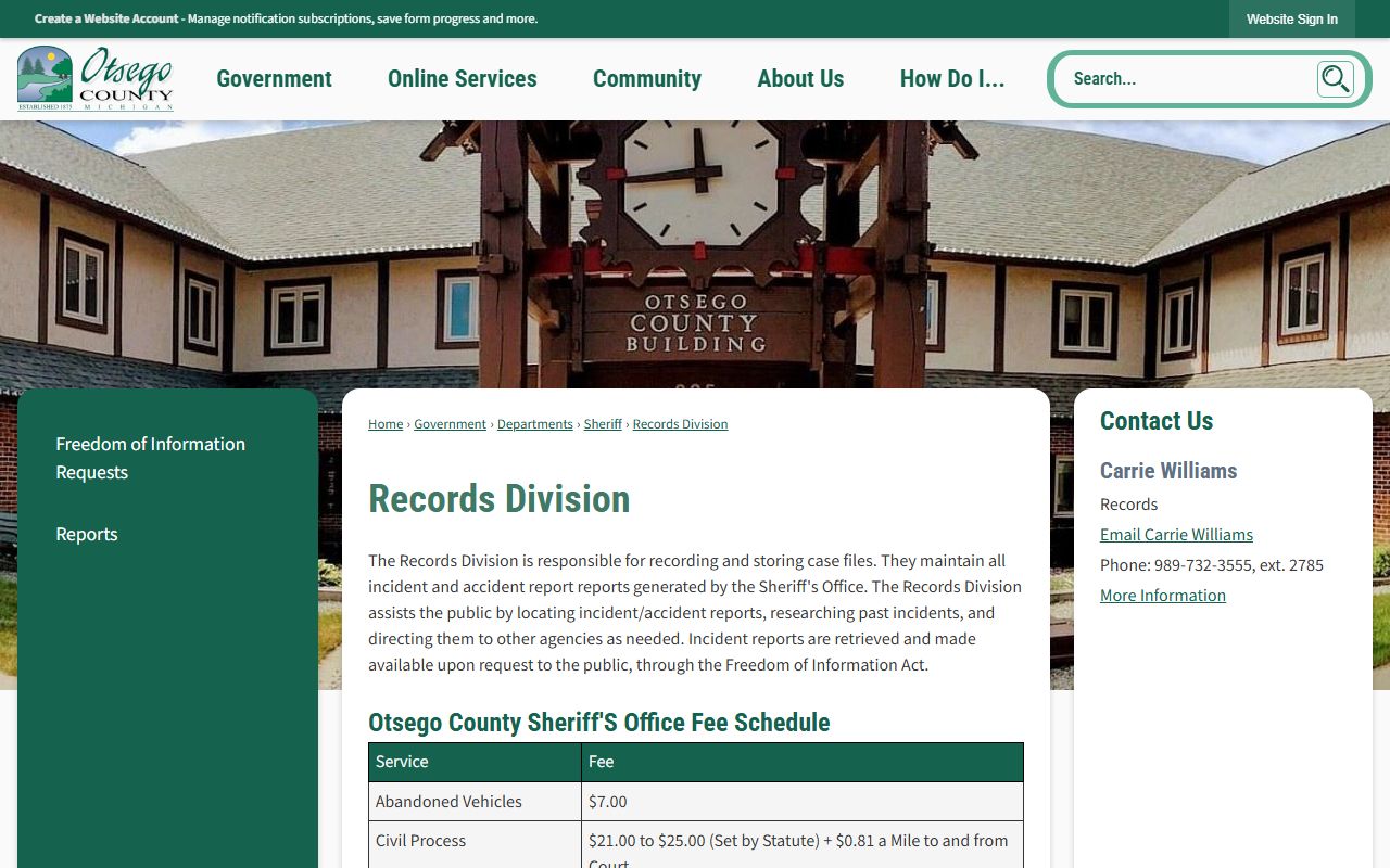 Otsego County arrest records Sheriff Records Division incident reports