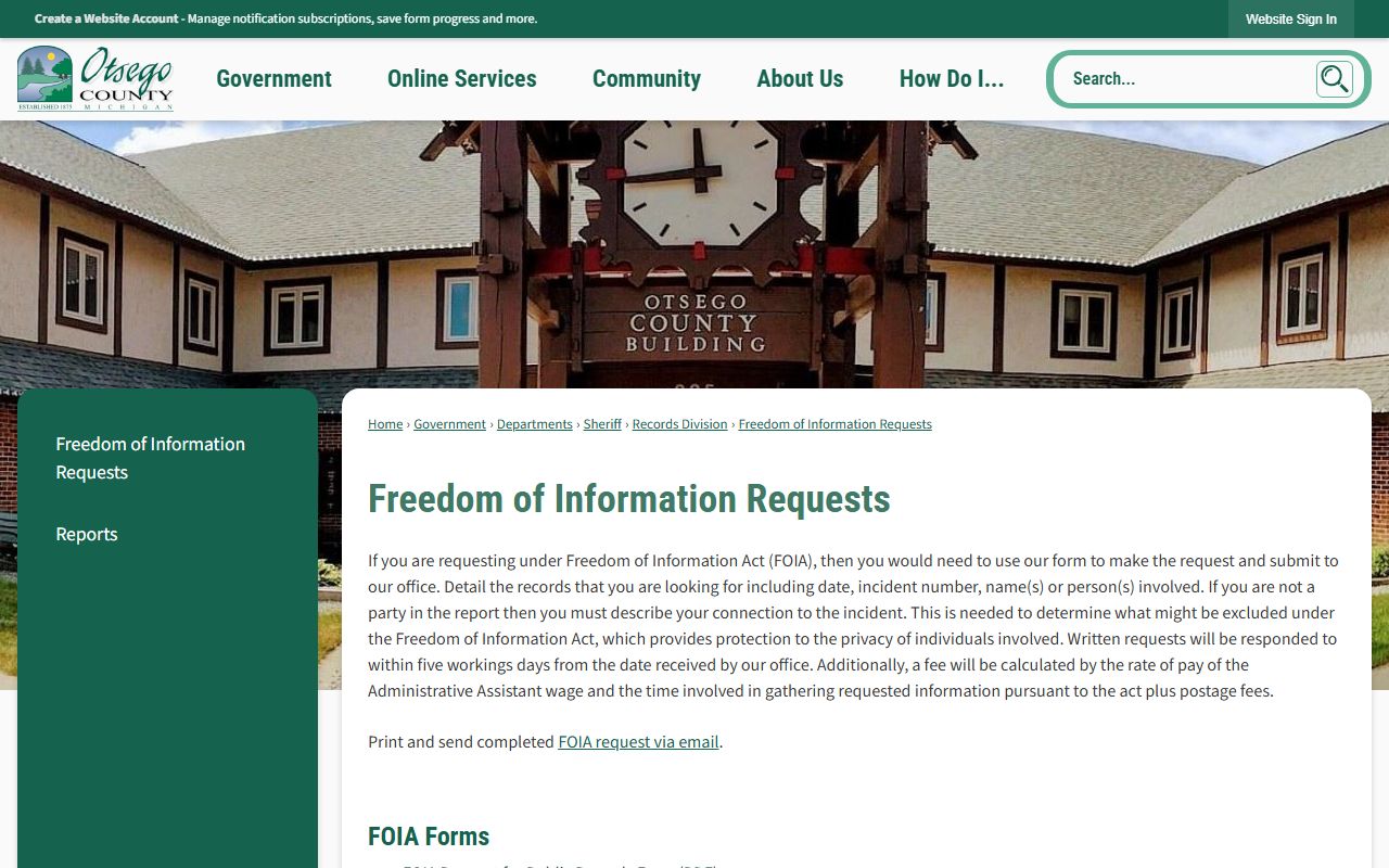Otsego County arrest records Sheriff Freedom of Information Act request page