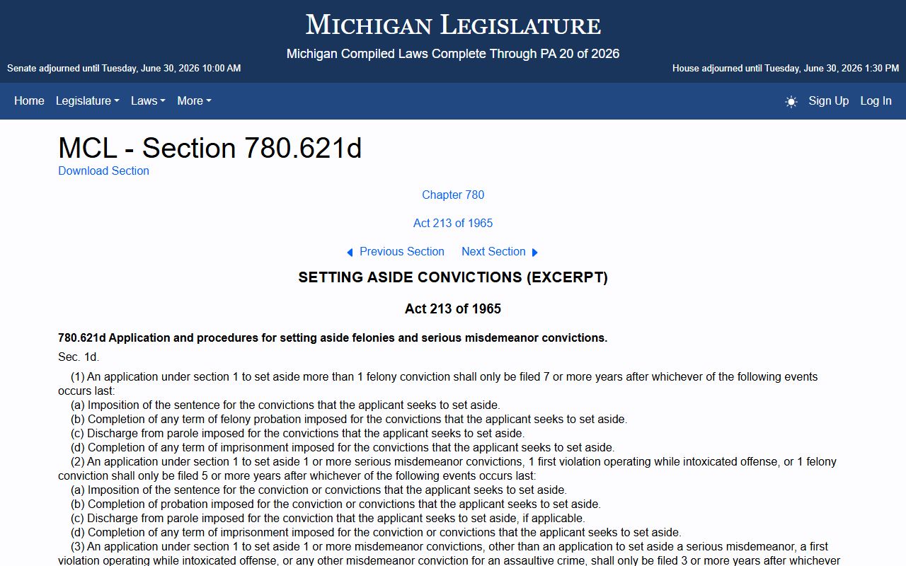 Otsego County arrest records Michigan set-aside waiting period statute MCL 780.621d