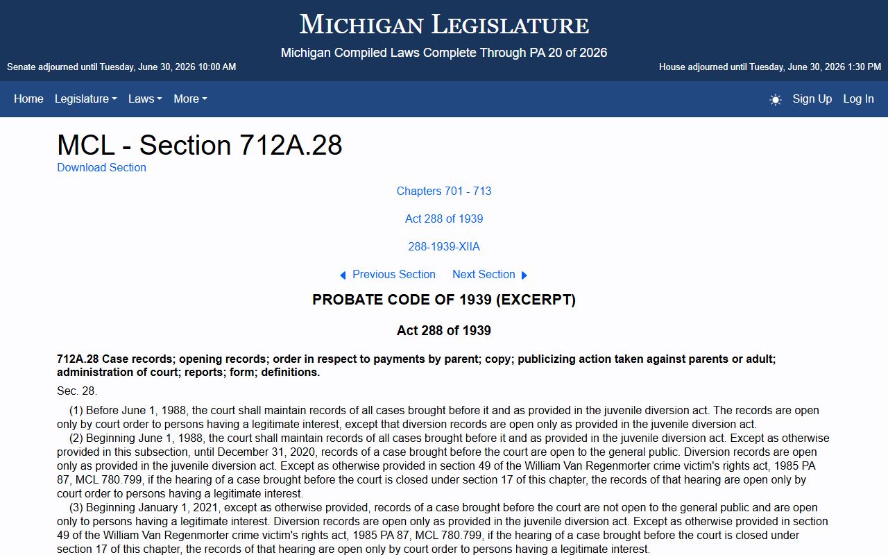 Otsego County arrest records juvenile confidentiality statute MCL 712A.28