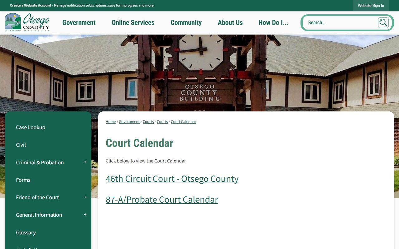 Otsego County court dockets and calendar links on the county Court Calendar page