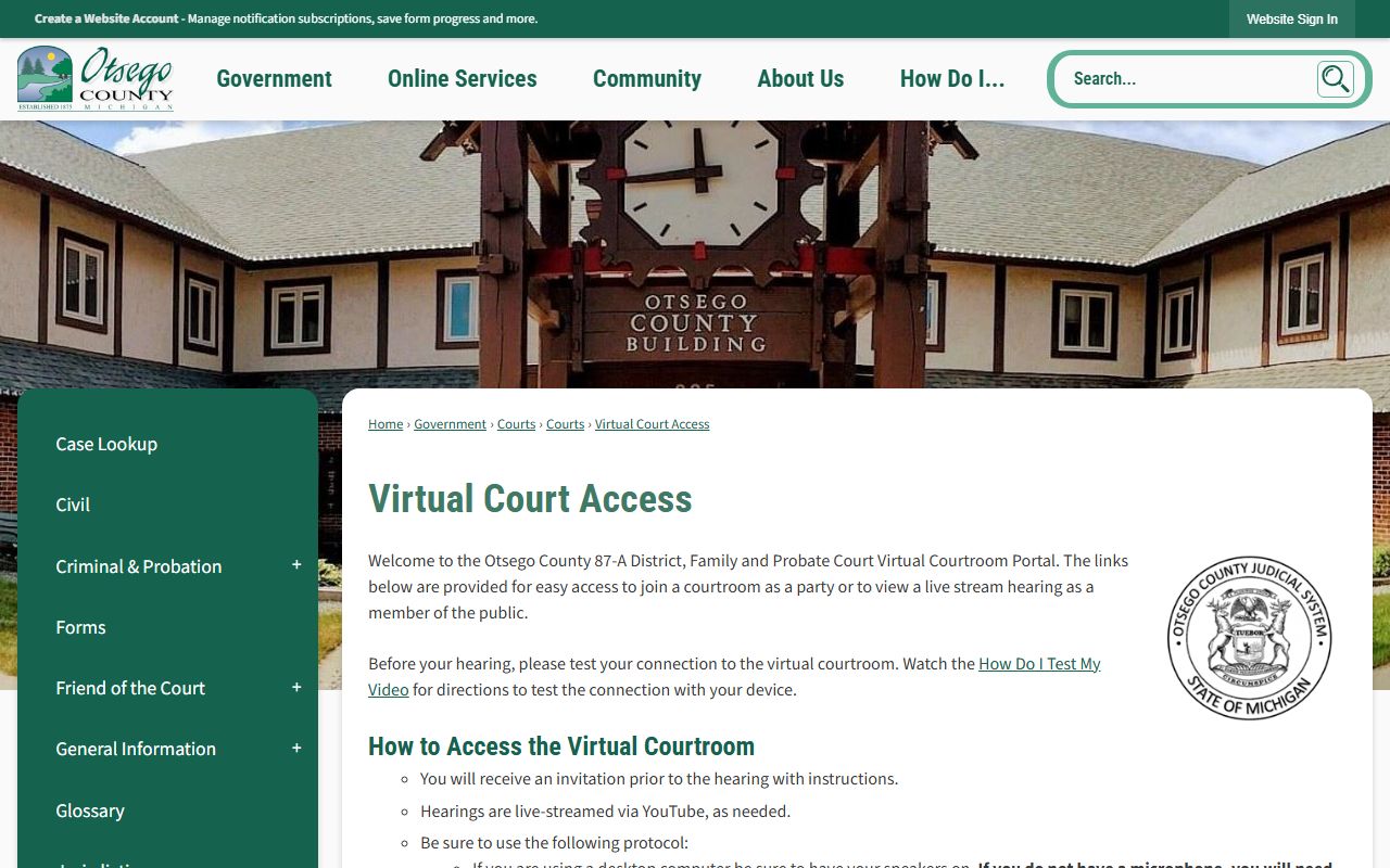 Otsego County court dockets and virtual court access Zoom and livestream instructions