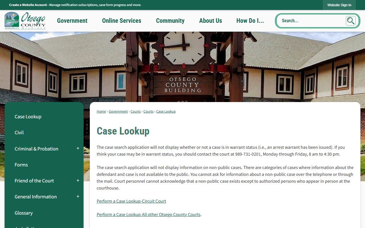 Otsego County court records case lookup page with warrant-status warning