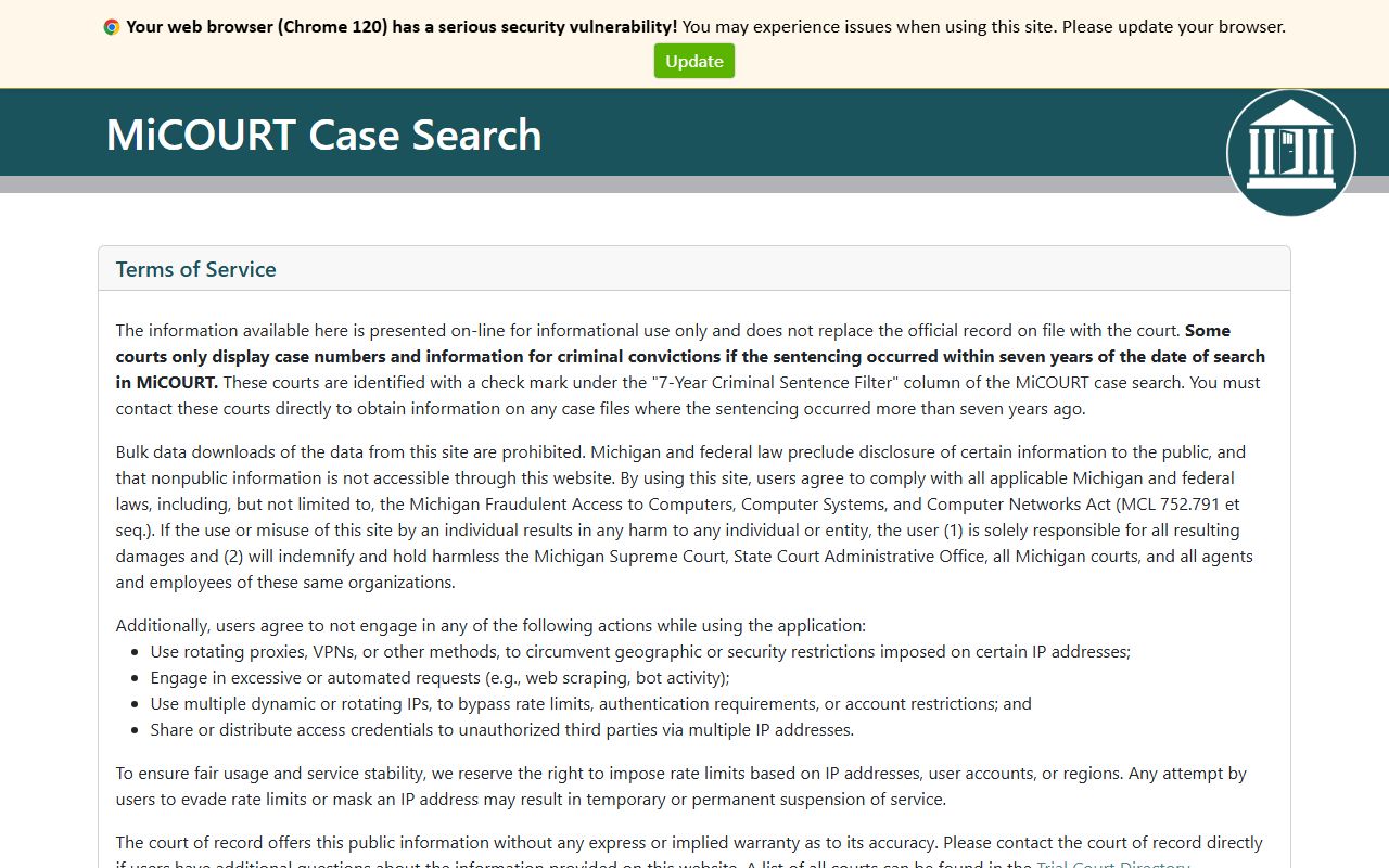 Otsego County court records search on the Michigan MiCOURT case search portal
