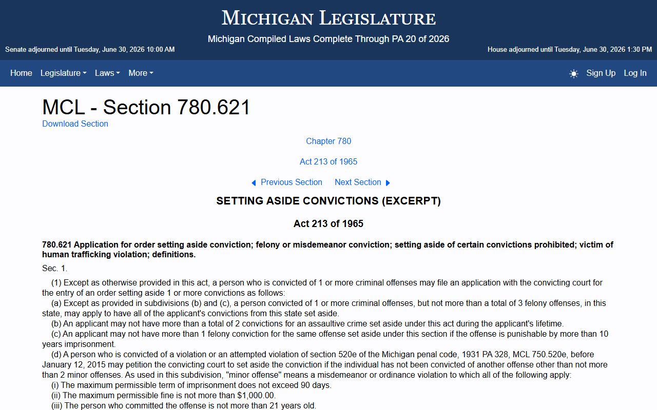 Otsego County criminal court records Michigan set-aside statute MCL 780.621