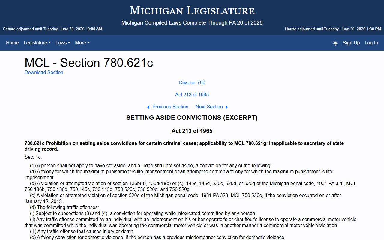 Otsego County criminal court records Michigan set-aside effects statute MCL 780.621c