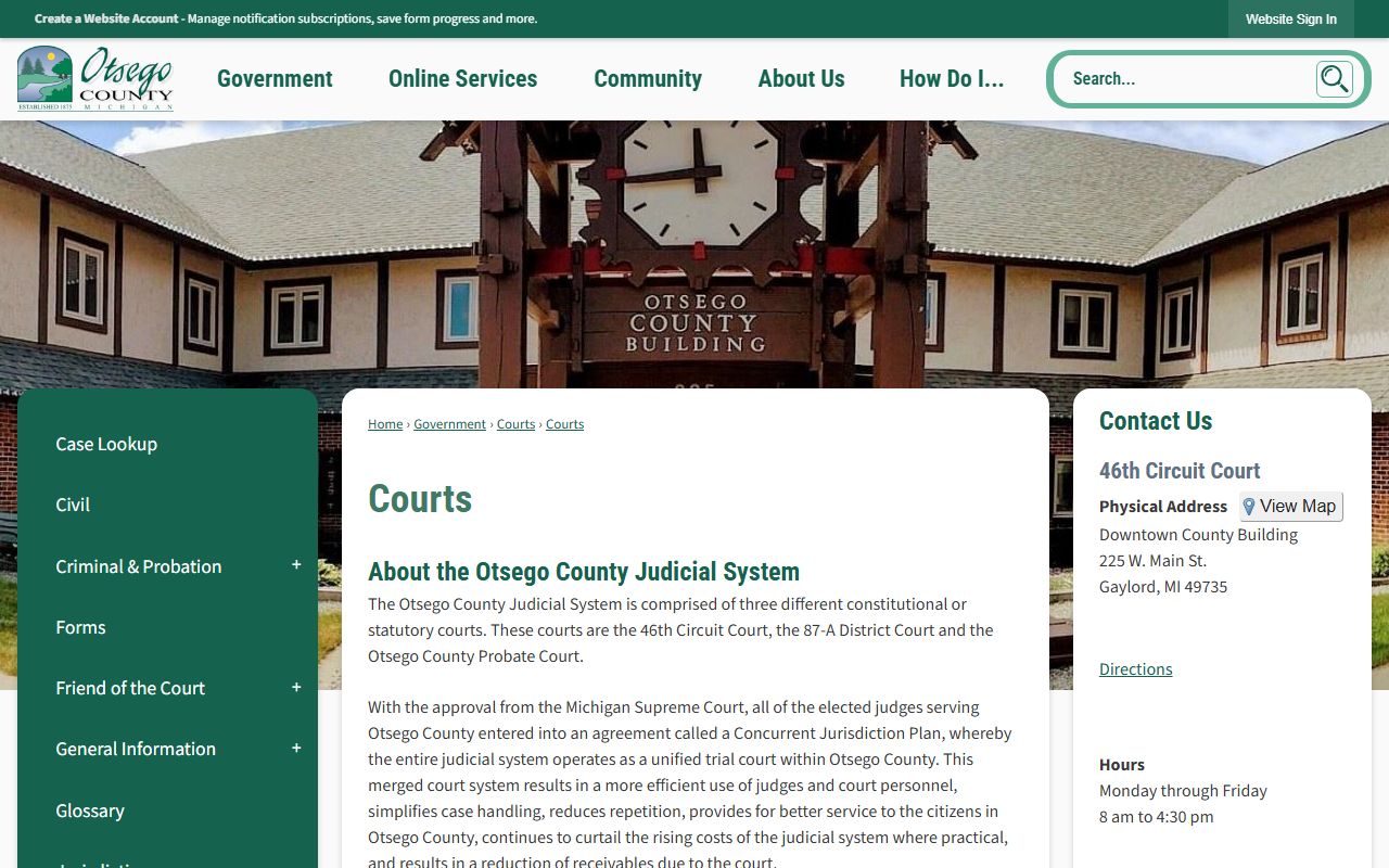 Otsego County courts landing page with court names and contacts