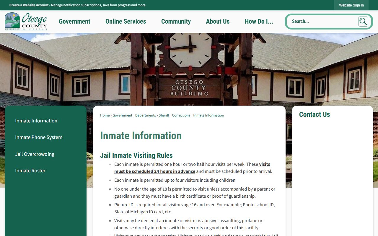Otsego County inmate records jail information page with visiting hours and property rules
