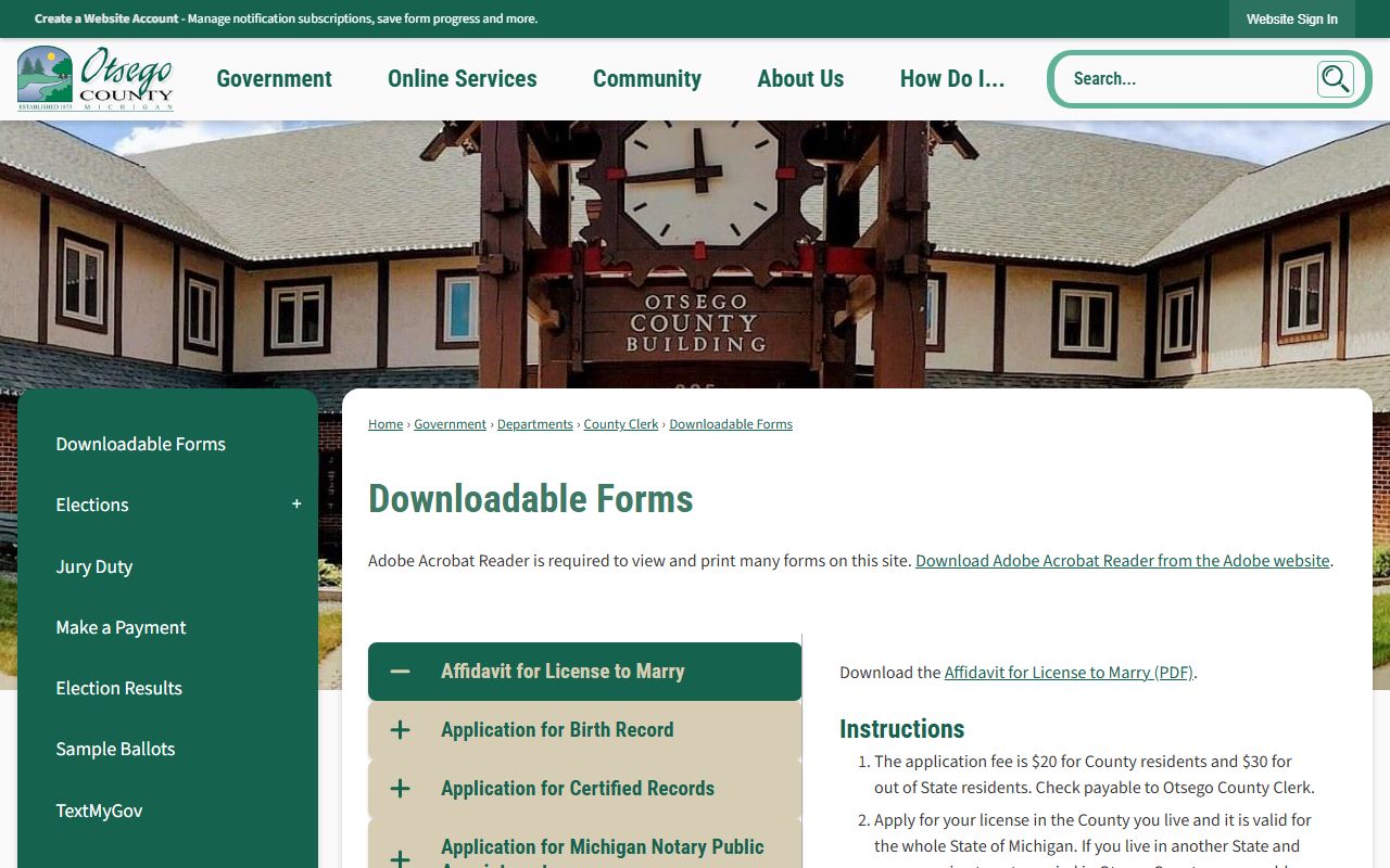 Otsego County marriage records affidavit and certified record forms on the clerk forms page