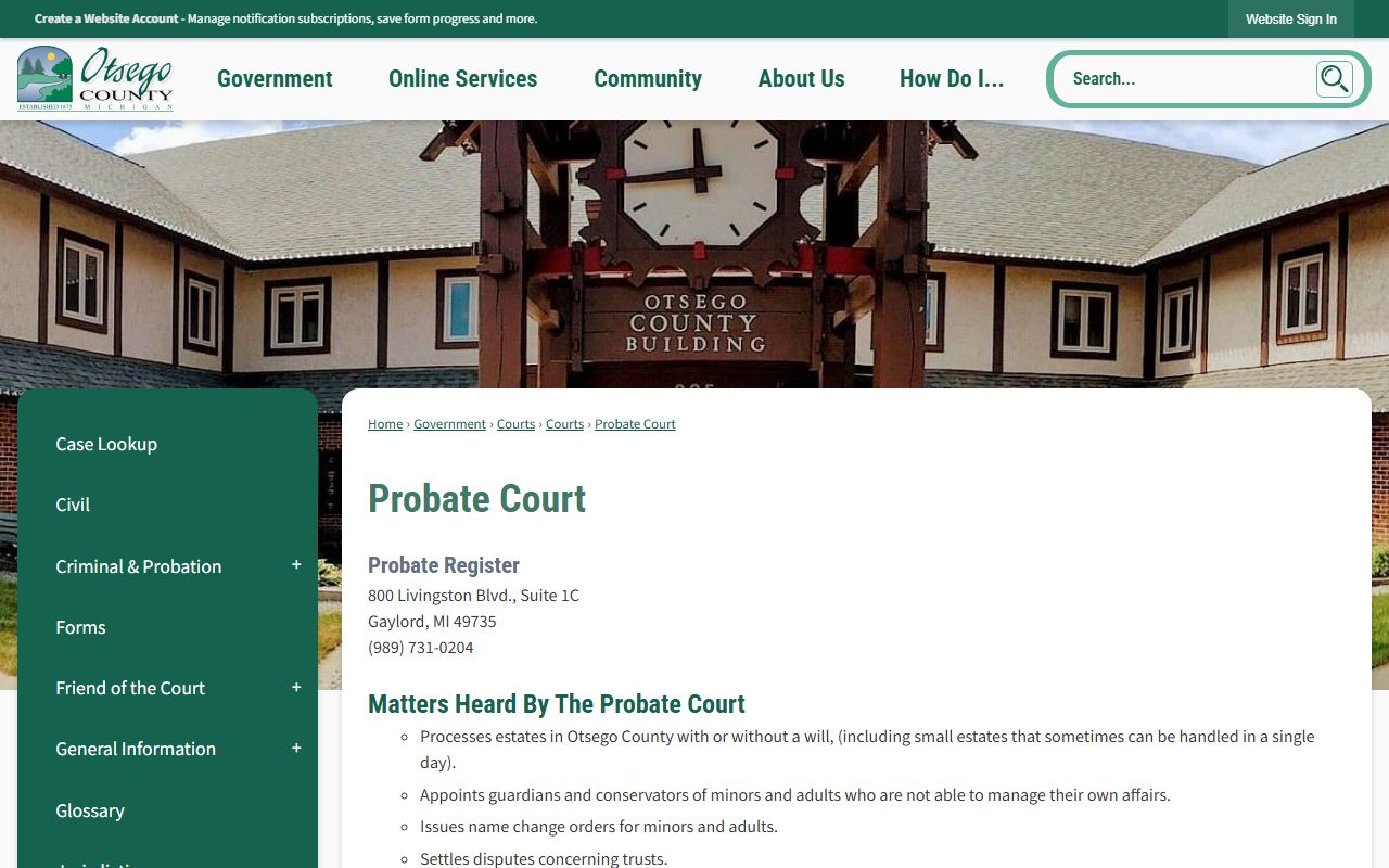 Otsego County probate records and Probate Court page listing matters heard and forms