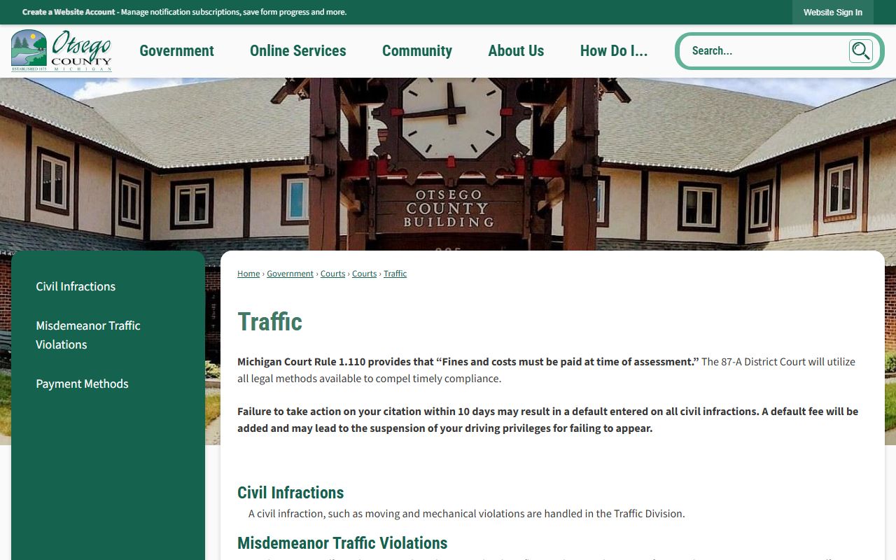 Otsego County traffic court records page at 87-A District Court